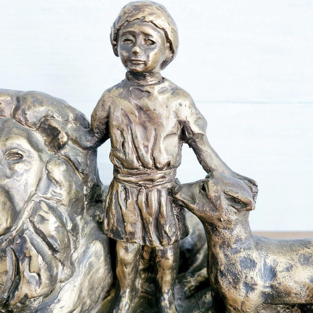 Lamb of God Peace Bronze Colored Heavy Statue Figurine Lion Shepherd Boy - Picture 4 of 9